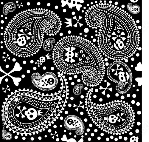 Vector illustration of paisley seamless with skulls