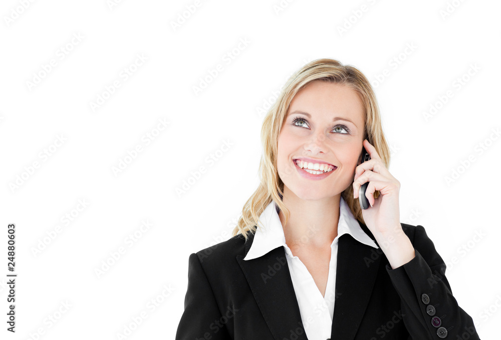 Delighted caucasian businesswoman talking on phone Delighted caucasian businesswoman talking on phone