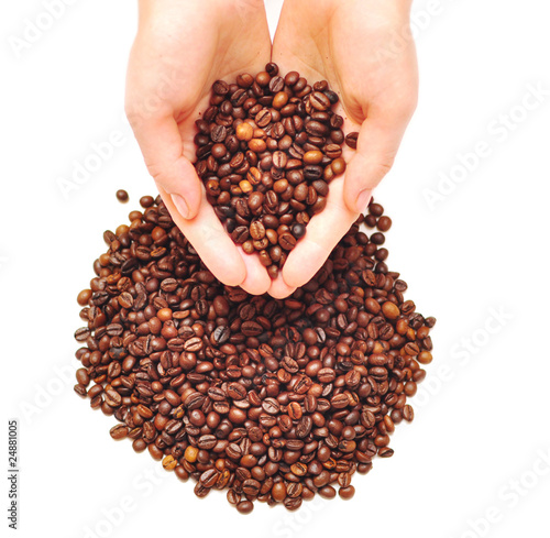 female hands full of coffee beans