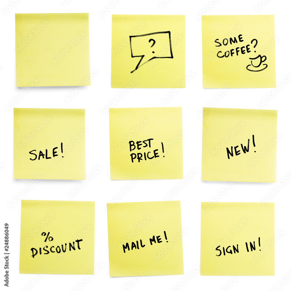 Yellow sticky papers with trendy slogans. Yellow sticky papers with trendy slogans.