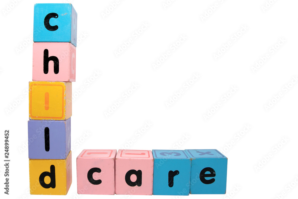 childcare in toy play block letters with clipping path on white childcare in toy play block letters with clipping path on white