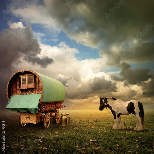 An Old Gypsy Caravan, Trailer, Wagon with a Horse photo