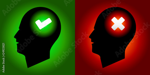 Tick & Cross Sign Human Heads - Right & Wrong Mind Concept