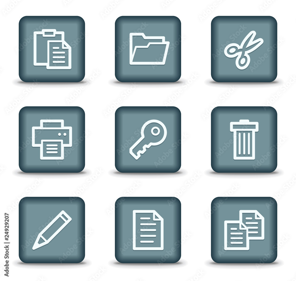 Document web icons set 1, grey square buttons Document web icons set 1, grey square buttons