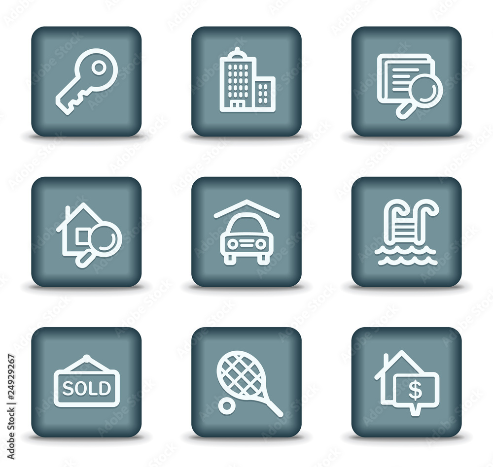 Real estate web icons, grey square buttons Real estate web icons, grey square buttons