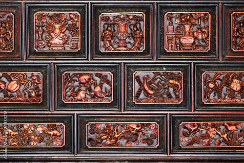 buddhism engraved art on wood