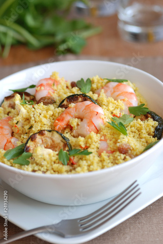 Couscous with tiger prawns and courgette