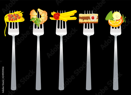 Variety of food on forks. Ideal design of menu