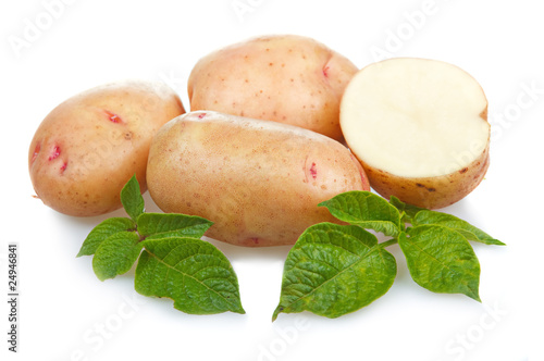 Heap of ripe potatoes vegetable with green leafs