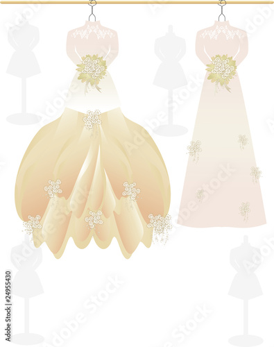 wedding dress with floral ornament and bouquet