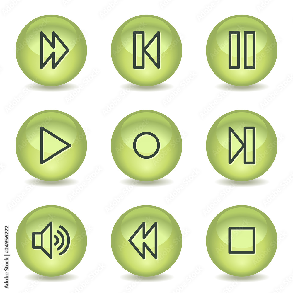 Walkman web icons, green glossy circle buttons