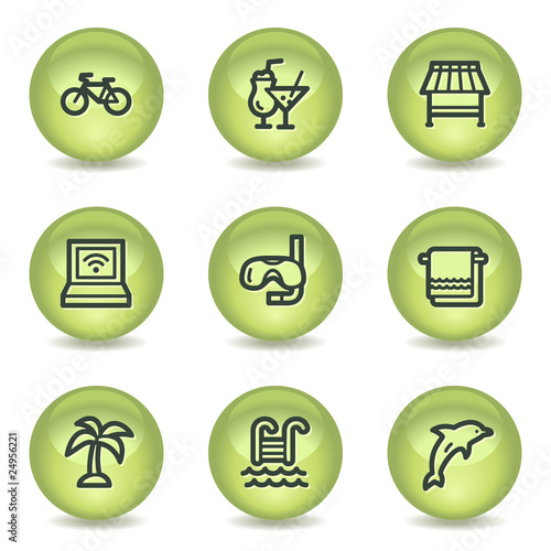 Vacation web icons, green glossy circle buttons