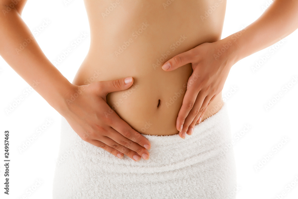 Woman massaging pain stomach isolated on white Woman massaging pain stomach isolated on white