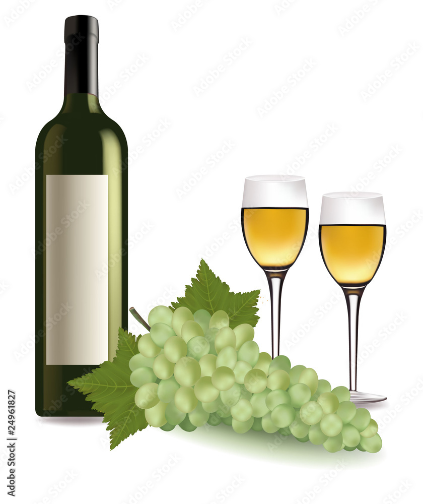 A wine bottle and glass of wine and some grapes. Vector.