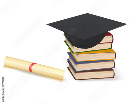 Graduation cap laying on stack of books. Vector.