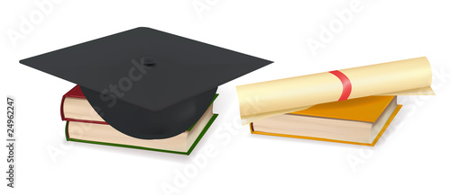 Graduation cap and diploma laying on books. Vector.