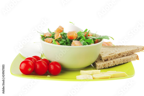 image of green salad with smoked salmon
