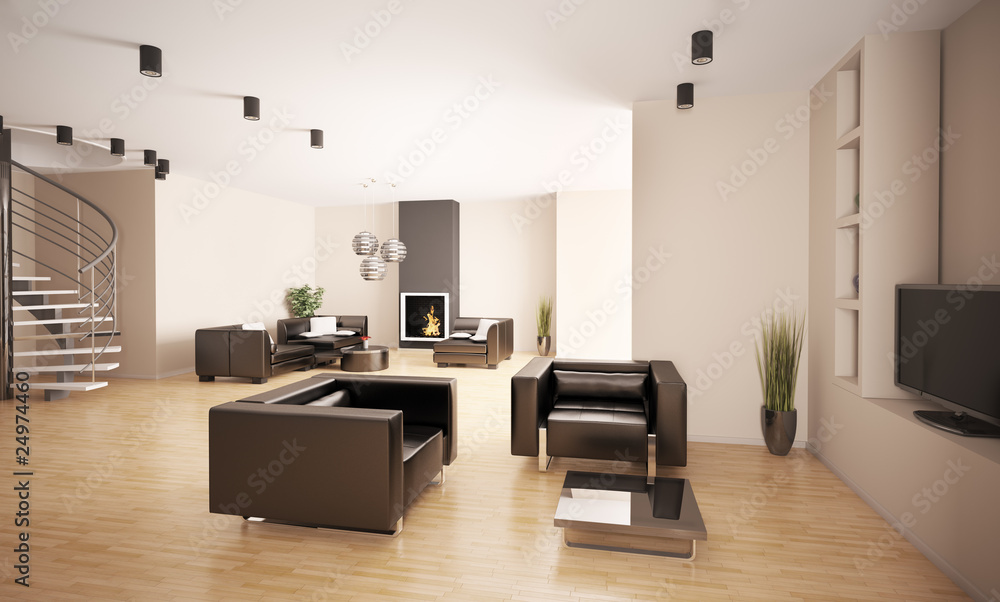 Fototapeta premium Apartment mit kamin und treppe 3d