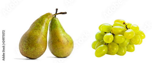 Two pot-bellied pears are looking at grapes