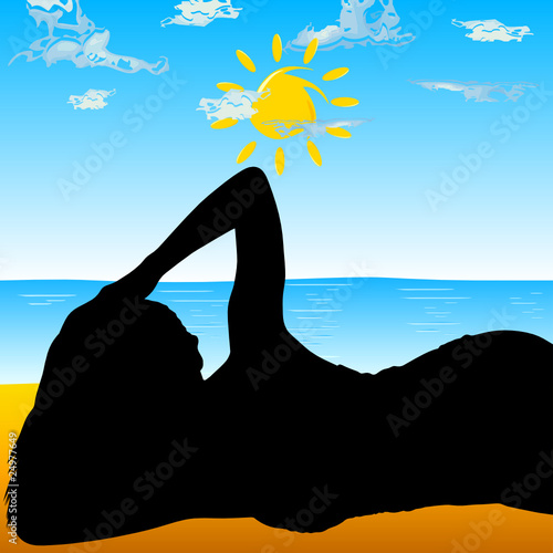 girl silhouette is resting on the beach vector illustration