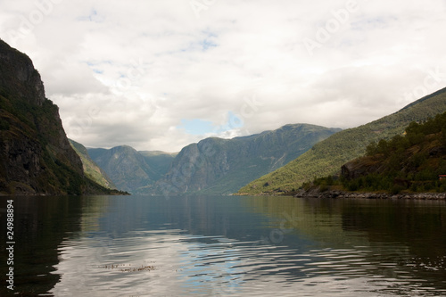 a lake or sea between norwegian fjords and green mountains in a cloudy summer day