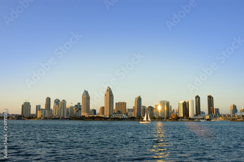 San Diego Skyline with a Sailboat at Sunset