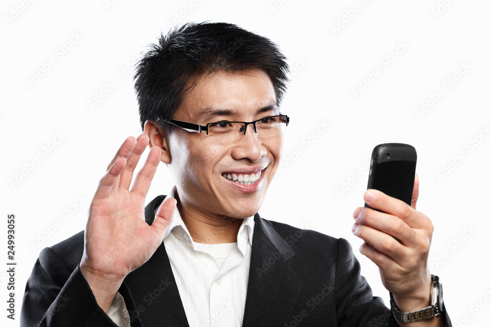 Businessman happy expression when using video call Businessman happy expression when using video call