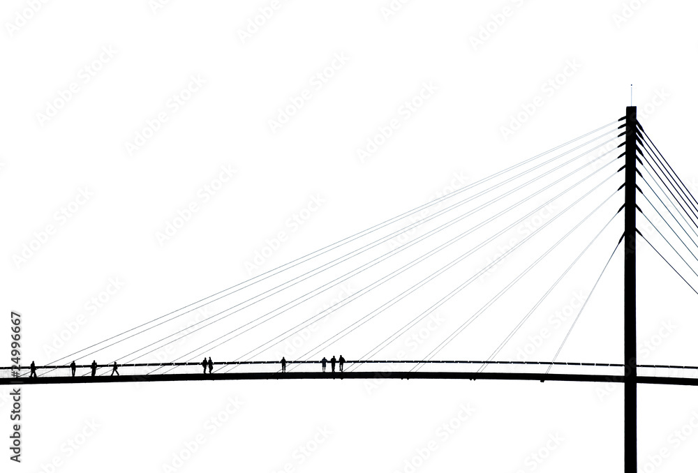 Pedestrian suspension bridge; silhouette - obrazy, fototapety, plakaty 