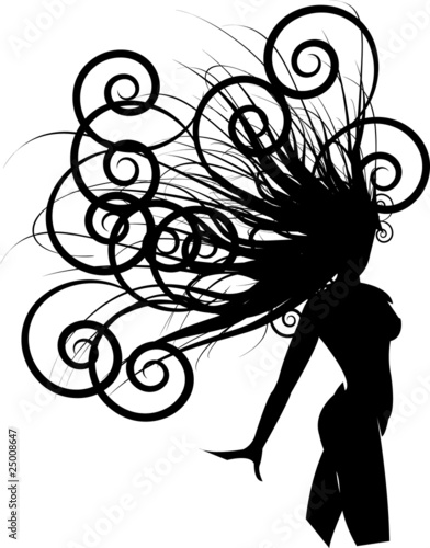 silhouette of beautiful girl with long wavy hair. Vector female for beauty salon or tattoo