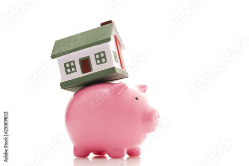 real estate concept; small house on a piggy bank