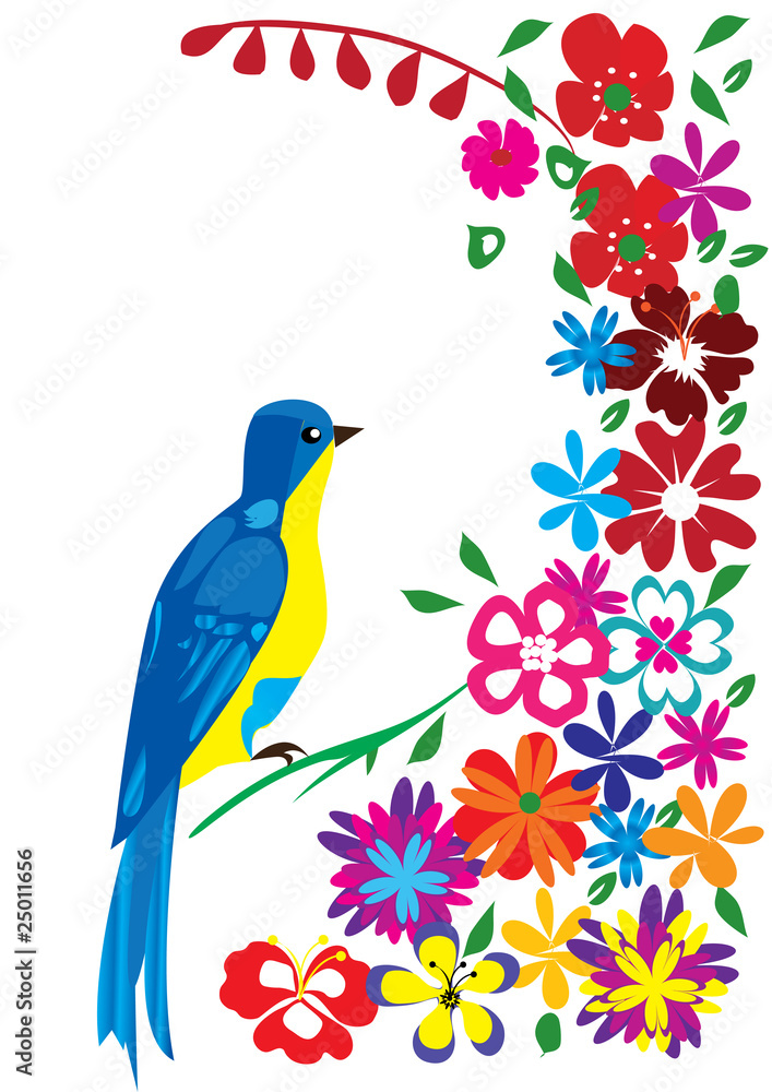 blue bird and flowers