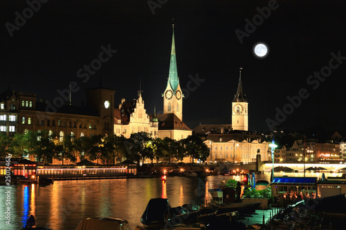 The night view of major landmarks in Zurich