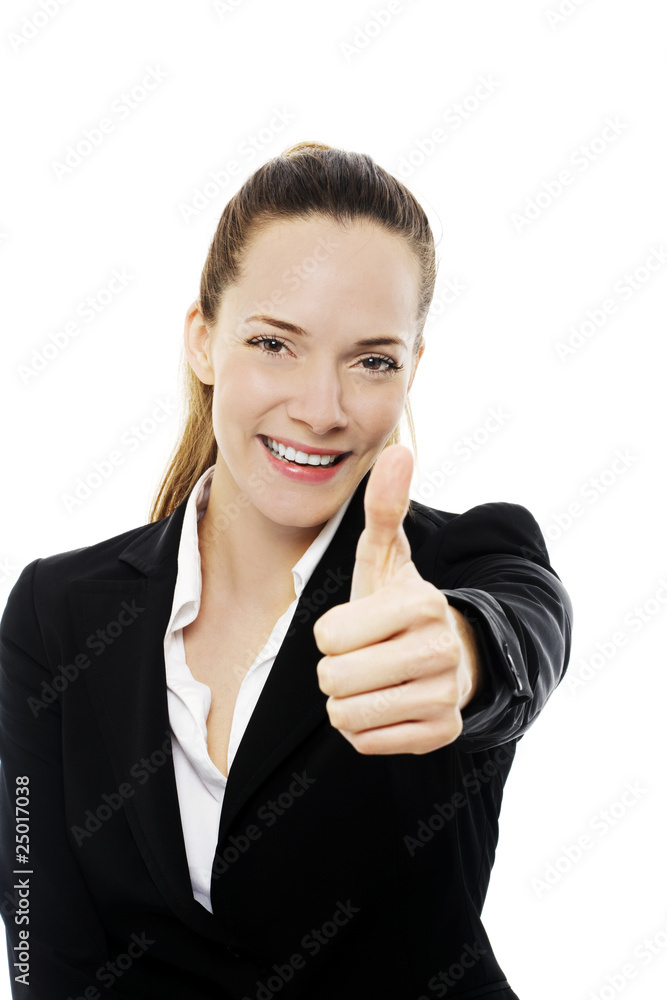 Young businesswoman with thumb up on white background Young businesswoman with thumb up on white background