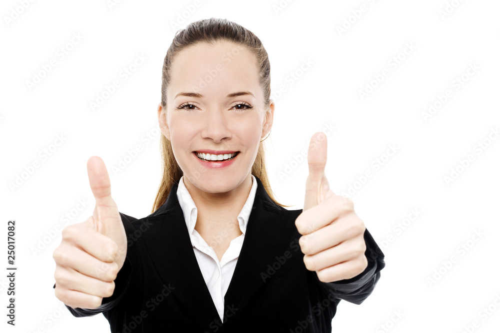 Young businesswoman with thumb up on white background Young businesswoman with thumb up on white background