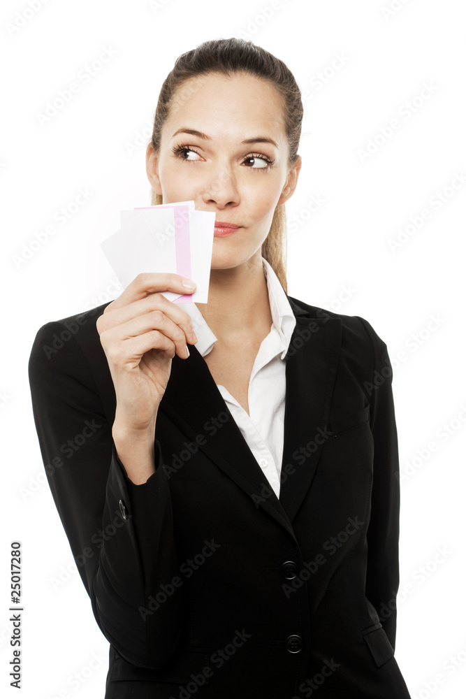 businesswoman holding sheets of paper on white background businesswoman holding sheets of paper on white background