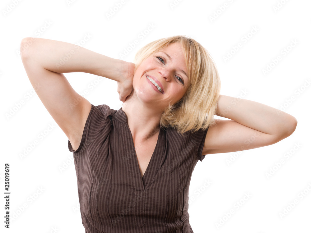 happy smiling woman with hands behind head isolated on white happy smiling woman with hands behind head isolated on white