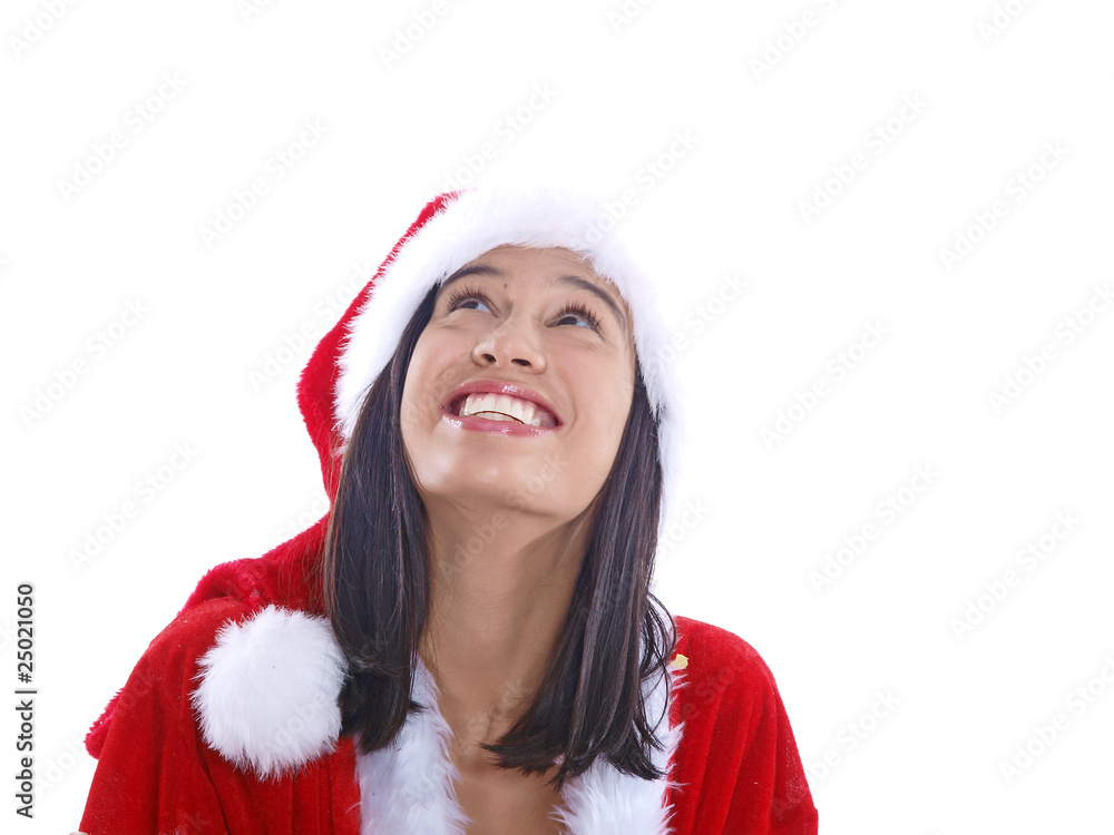 smiling santa girl looking up smiling santa girl looking up