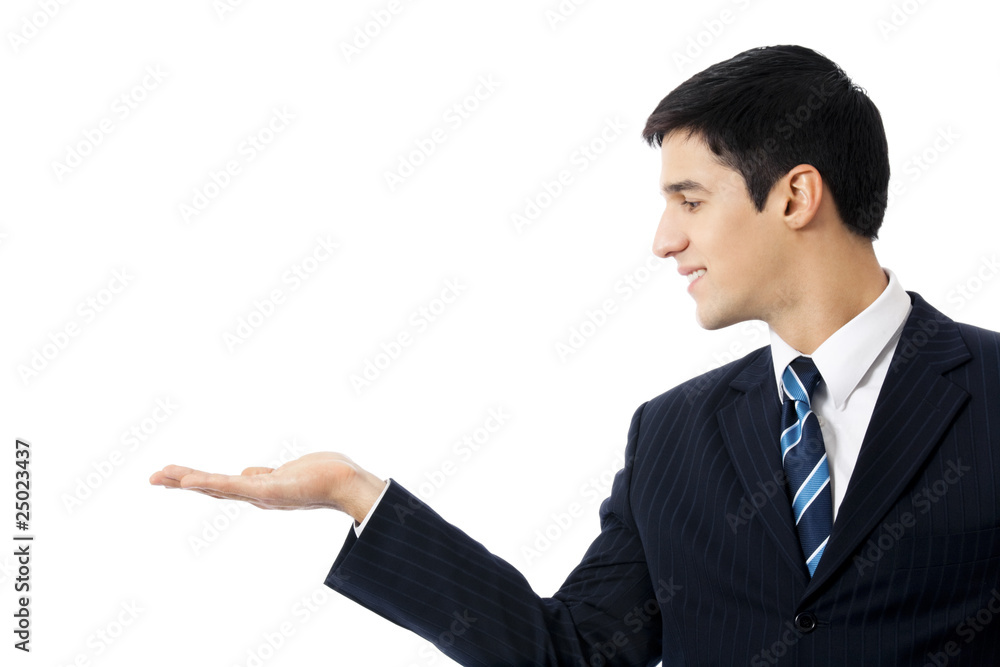 Photo of showing businessman, isolated on white Photo of showing businessman, isolated on white