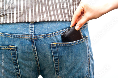 woman stealing a wallet from man's back pocket isolated on white