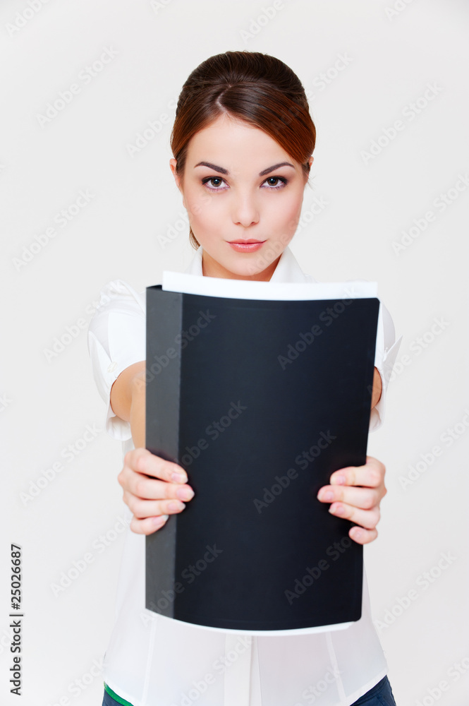 businesswoman showing her report in black folder businesswoman showing her report in black folder
