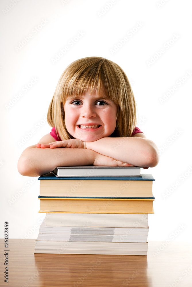 child girl leaning on books child girl leaning on books