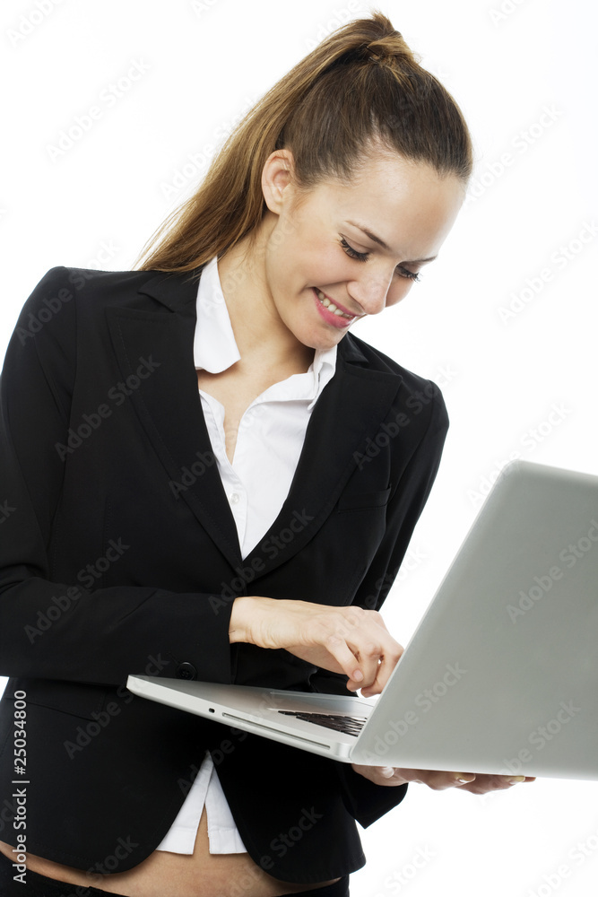 young businesswoman with laptop on white background studio young businesswoman with laptop on white background studio