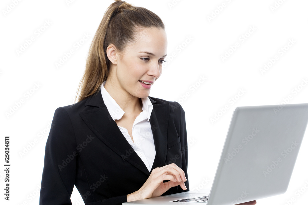 young businesswoman with laptop on white background studio young businesswoman with laptop on white background studio