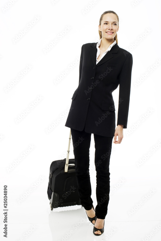 Young businesswoman with trolley on white background studio Young businesswoman with trolley on white background studio