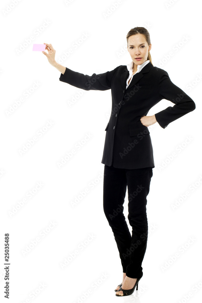 Young businesswoman holding a post-it on white background studio Young businesswoman holding a post-it on white background studio