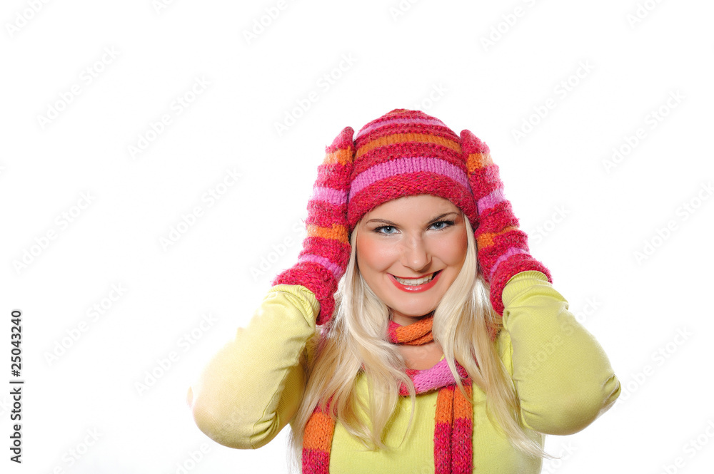 Seasonal portrait of pretty funny woman in hat and gloves smilin Seasonal portrait of pretty funny woman in hat and gloves smilin