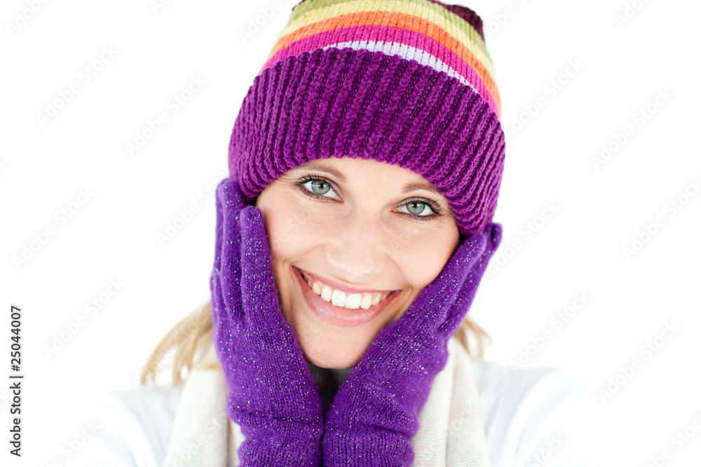 Radiant young woman with cap and gloves in the winter Radiant young woman with cap and gloves in the winter