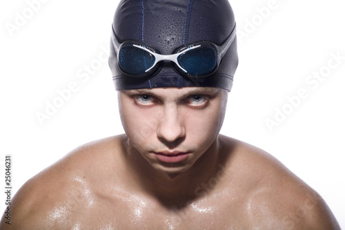 Portrait of Man Wearing Swimming Cap and Goggles
