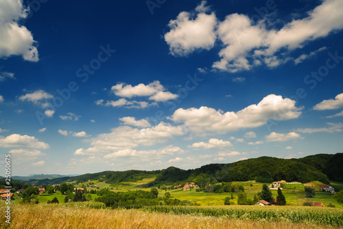 Idyllic countryside. Rural scene under blue sky. Croatia