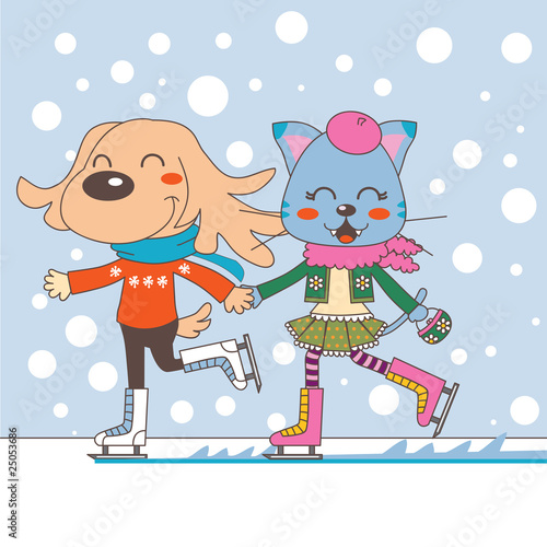 Dog and cat couple ice skating
